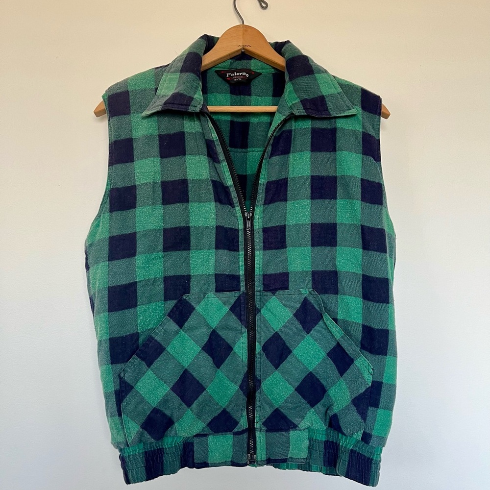 Vintage Green & Navy Plaid Quilted Vest